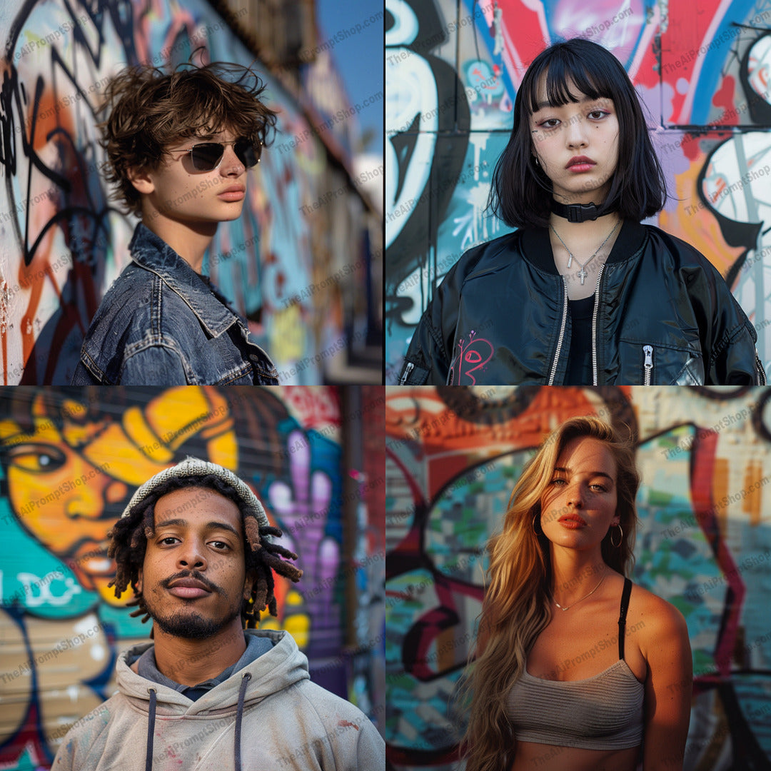 Urban Street Style Portrait AI MidJourney Image Prompt, 8231artistic, choker, cityscape, colorful, denim jacket, dynamic, edgy, expression, fashion, fashionable, graffiti, hoodie, modern, portrait, trendymidjourney, urban street style, vibrant, youthful