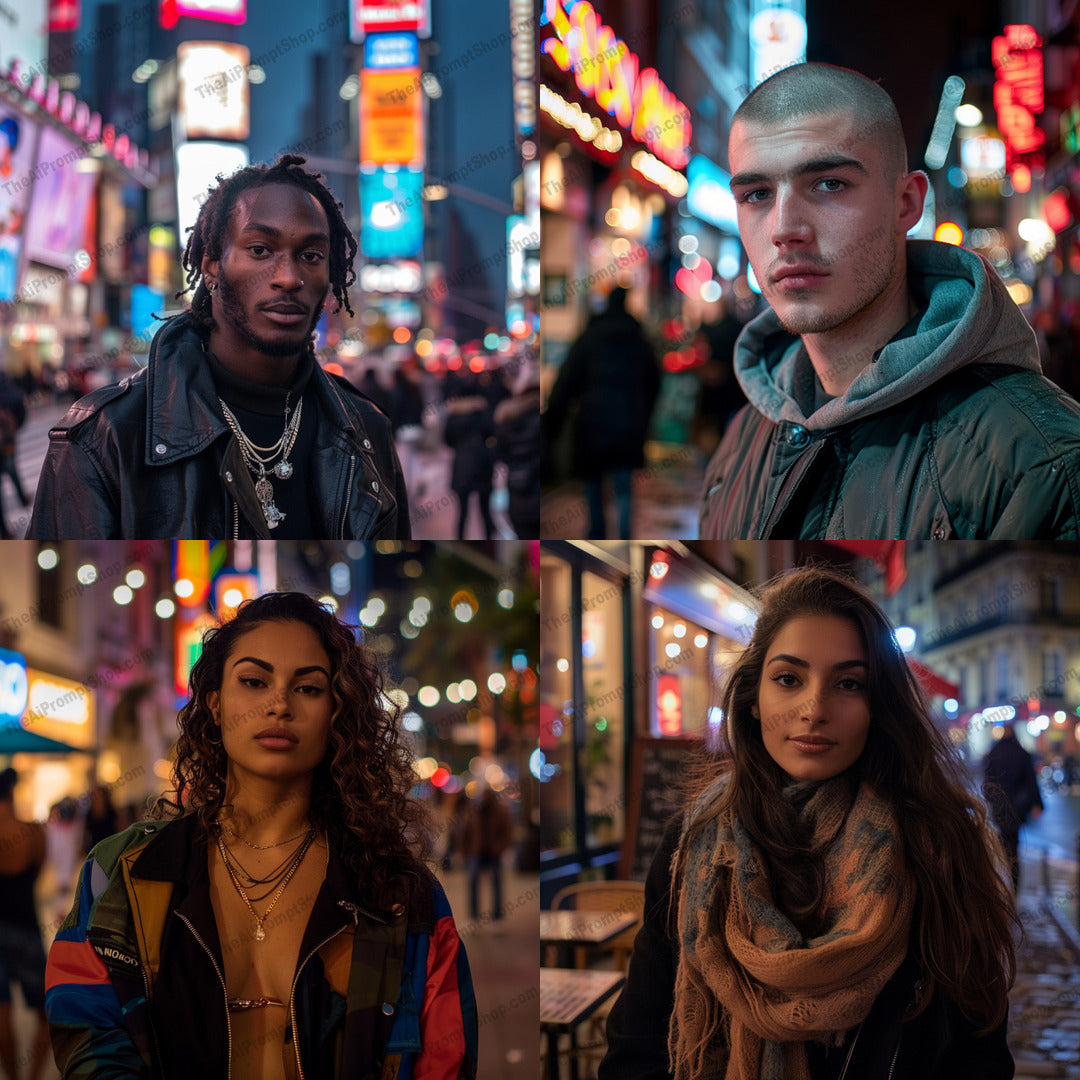 Urban Nightlife Portrait AI MidJourney Image Prompt, 8232bustling city lights, chicmidjourney, city, diverse, dynamic, energy, evening, fashion, metropolitan, modern, neon lights, night scene, portrait, street style, style, trendy, urban nightlife, vibrant