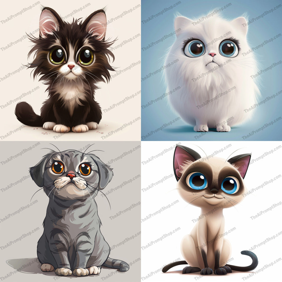 Adorable Cartoon Cats AI MidJourney Image Prompt, 8233adorable cat, animal character, animated style, big eyes, cartoon cat, cat drawingmidjourney, cat lover gift, charming illustration, children's art, colorful cat, cute animal, cute illustration, digital art, fantasy art, fluffy cat, kids' decor, kitty, pet art, playful cat, whimsical cat