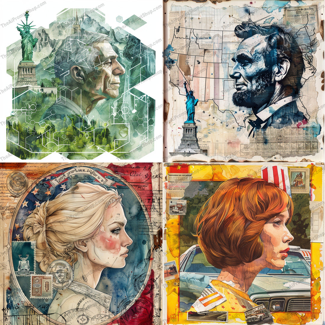 Artistic American History Collage AI MidJourney Image Prompt, 8234abstract art, American history, artistic, collage, culture, geometric patterns, heritage, iconic symbols, maps, mixed media, modern art, patriotic, sophisticated, Statue of Liberty, textured art, unique designmidjourney, USA, vibrant colors, vintage look, watercolor