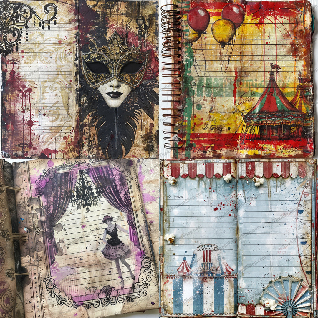 Vintage Circus-Themed Illustration AI MidJourney Image Prompt, 8237artistic, carousel, classic motifs, collectiblemidjourney, colorful, detailed, distressed textures, fantasy, imaginative, nostalgia, old-world charm, stage curtains, vintage circus illustration, whimsical