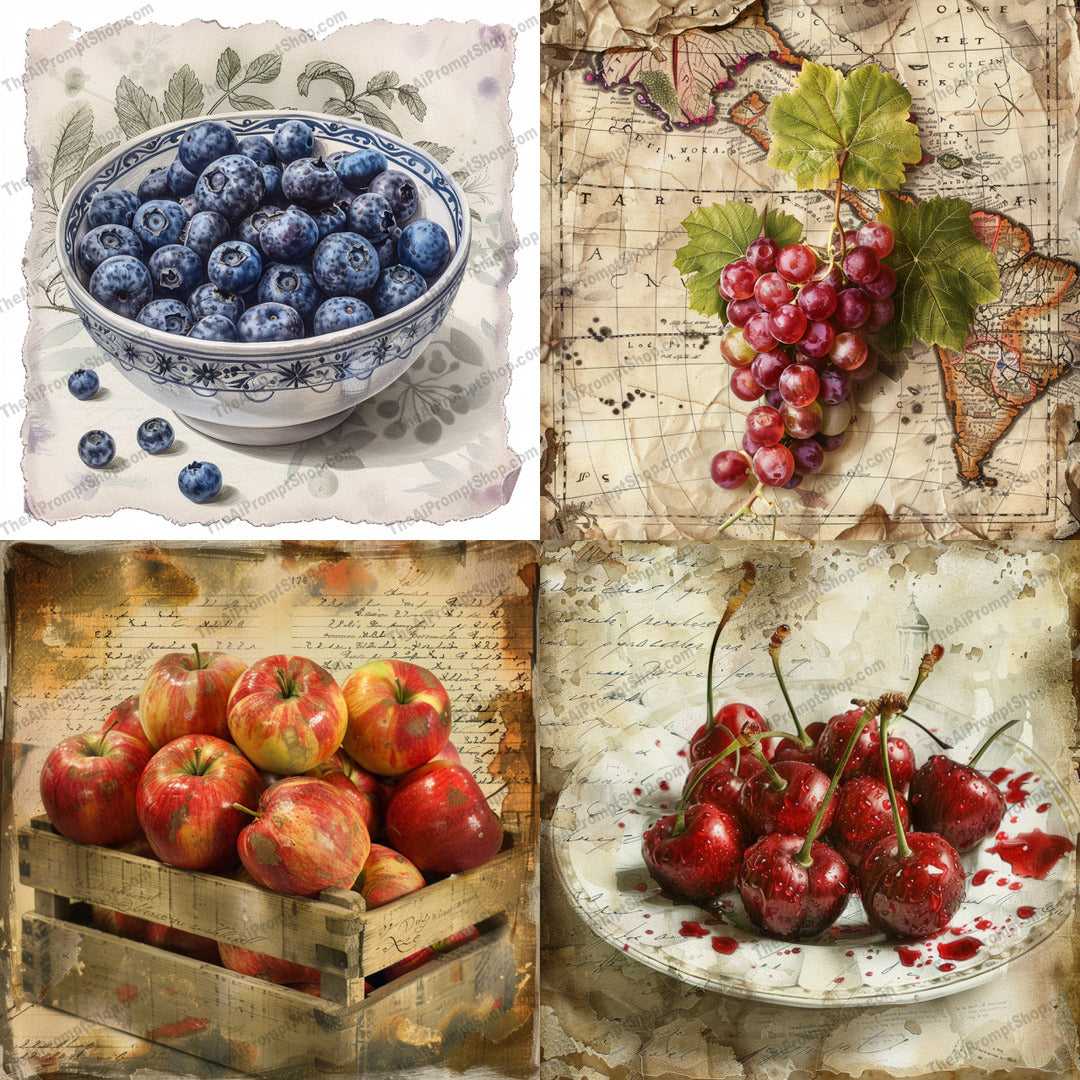 Vintage Fruit Illustration AI MidJourney Image Prompt, 8238antique, apples, artwork, blueberries, botanical, cherries, classic art, colorful, detailed, elegant, grapes, nostalgic decor, old-fashioned, timeless, vintage fruit illustration, watercolormidjourney