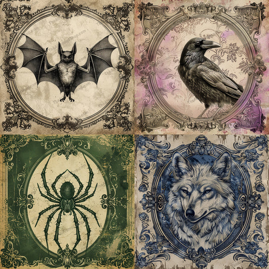 Vintage Animal Illustrations AI MidJourney Image Prompt, 8240aged texturemidjourney, antique, art collection, bat, classic, crow, decorative frame, detailed, elegant, gothic, intricate, mystique, ornate, retro, spider, vintage animal illustration, wolf
