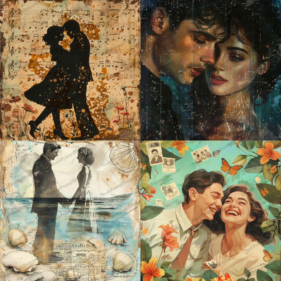 Romantic Vintage Art AI MidJourney Image Prompt, 8242affection, artistic, butterflies, classic, collage, couple, decor, dreamy, elegant, flowers, love, nostalgic, ocean waves, romance, romantic vintage art, rustic, sheet music, texture, wall artmidjourney