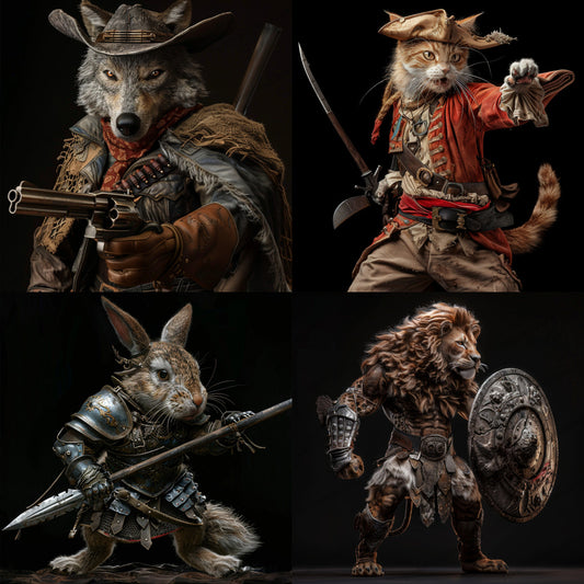 Anthropomorphic Animal Warriors AI MidJourney Image Prompt, 8244adventurous, anthropomorphic animal warrior, cat, character design, creative, digital illustrationmidjourney, digital painting, epic fantasy, epic saga, fantasy art, furry art, gladiator, heroic, high detail, imaginative, knight, lion, mythical creatures, pirate, rabbit, visual storytelling, warrior, wolf