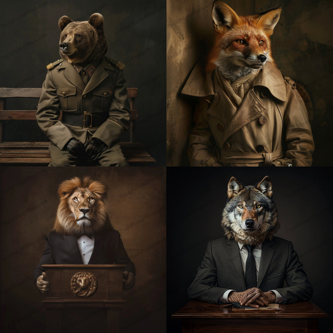 Regal Animal Portraits AI MidJourney Image Prompt, 8245animal portrait, anthropomorphic, artistic, characterful, charmingmidjourney, creative, decorative, detailed rendering, dressed animals, elegant, grand, high-quality art, majestic, noble, personality, regal, sophisticated, stylized, unique, wildlife