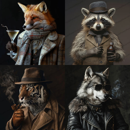 Vintage Animal Portrait AI MidJourney Image Prompt, 8246anthropomorphic, characterful, charming, decor, detailed, elegant art, fox, interiormidjourney, martini, nostalgic, plaid suit, scarf, sophisticated, stylized, vintage animal portrait, whimsical