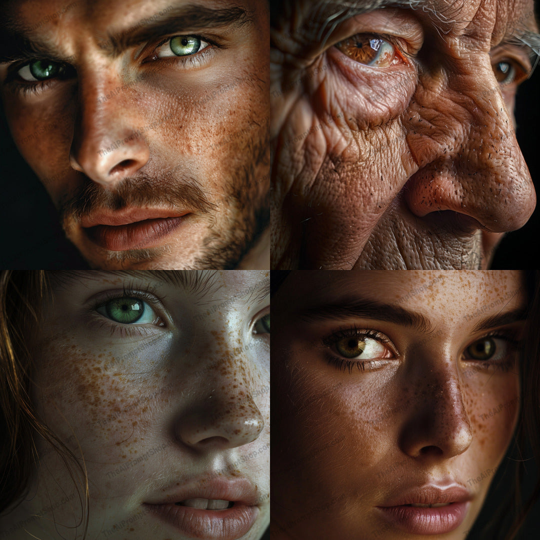 Close-up Portrait Details AI MidJourney Image Prompt, 8307Ai, Ai Image Prompt, artistic, character, close-up, detail, emotional, eye detail, facial expressions, fine lines, high-definition, human face, human features, Image Prompt, intense, intricate, macro photography, midjourney, portrait, Portraits & People, Prompt, realism, realistic, skin texture, visual experience, wrinkles