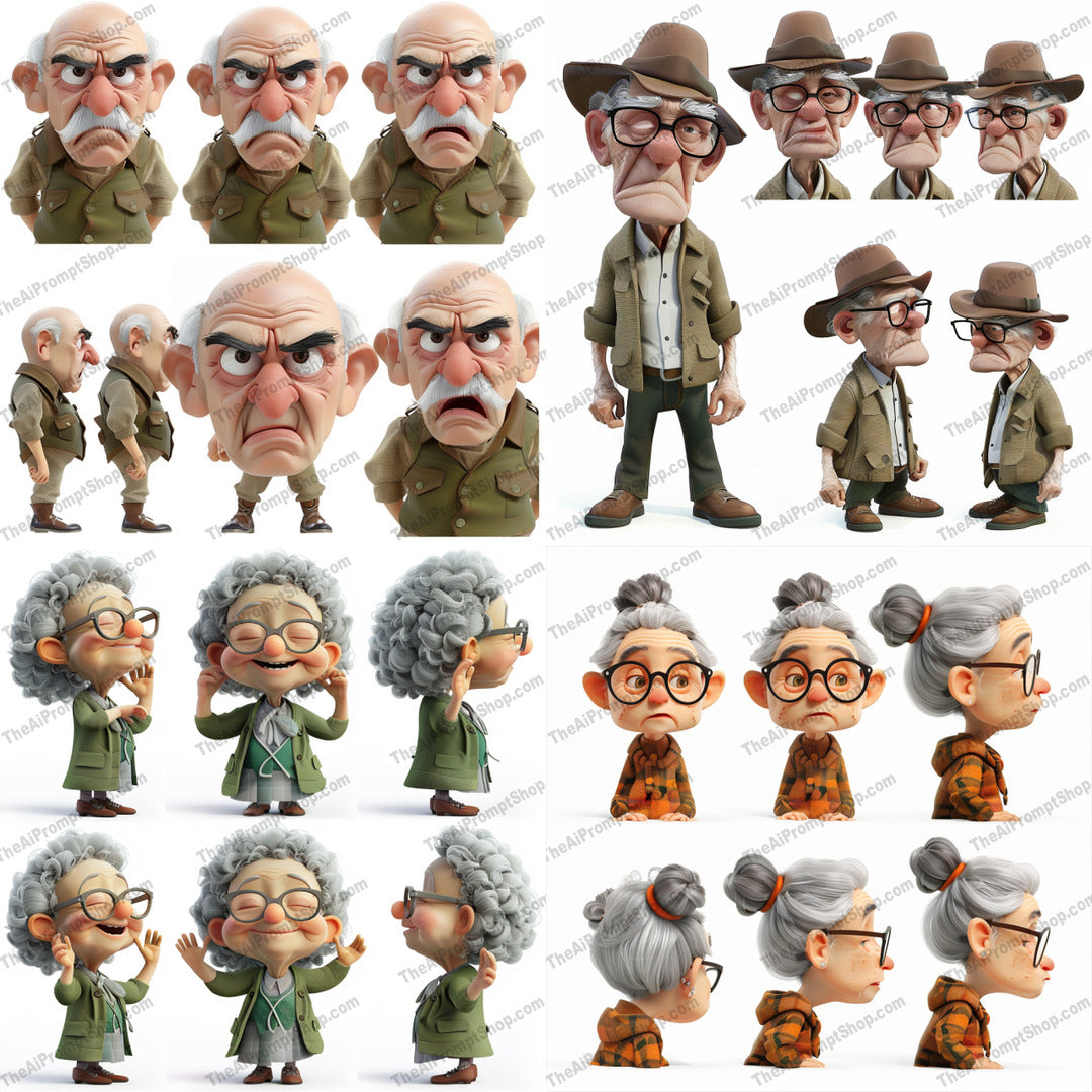 Elderly character illustrations created from an AI image prompt.