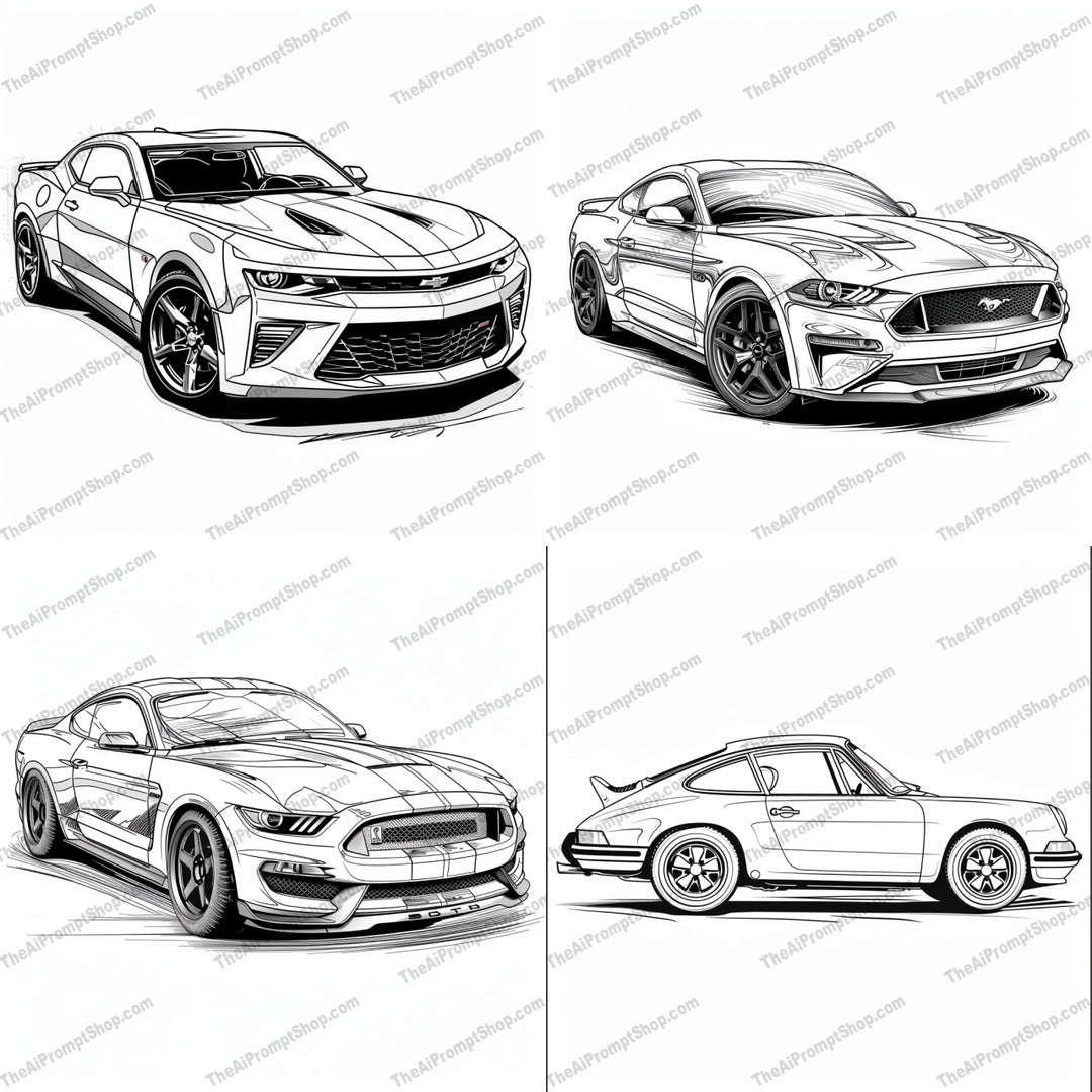 Classic and Modern Sports Cars Outline AI MidJourney Image Prompt, 8315Ai, Ai Image Prompt, artistic design, automotive art, black and white, car art, car enthusiasts, car illustration, classic cars, classic sports cars, Coloring Pages, detailed drawing, high-performance vehicles, iconic cars, Image Prompt, line art, midjourney, modern cars, modern sports cars, muscle cars, outline drawing, Prompt, sketch, sleek design, sports cars, vehicle illustration