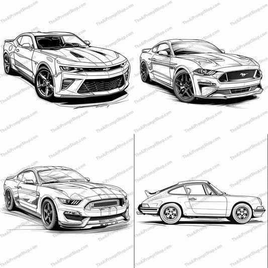 Classic and Modern Sports Cars Outline AI MidJourney Image Prompt, 8315Ai, Ai Image Prompt, artistic design, automotive art, black and white, car art, car enthusiasts, car illustration, classic cars, classic sports cars, Coloring Pages, detailed drawing, high-performance vehicles, iconic cars, Image Prompt, line art, midjourney, modern cars, modern sports cars, muscle cars, outline drawing, Prompt, sketch, sleek design, sports cars, vehicle illustration
