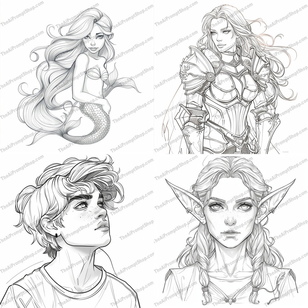 Fantasy Character Line Art AI MidJourney Image Prompt, 8316Ai, Ai Image Prompt, art, black and white, character design, Coloring Pages, decorative, detailed, drawing, elegant, enchanting, fairy tale, fantasy, illustration, Image Prompt, intricate, line art, midjourney, mystical, mythical, mythical creature, ornate, Prompt, sketch, storybook, whimsical