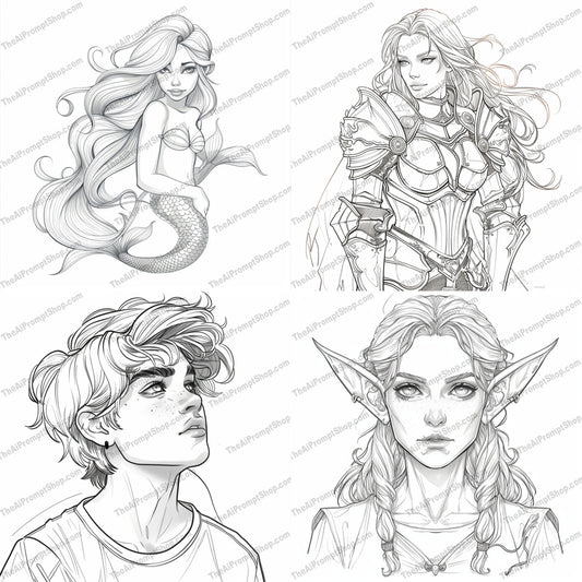 Fantasy Character Line Art AI MidJourney Image Prompt, 8316Ai, Ai Image Prompt, art, black and white, character design, Coloring Pages, decorative, detailed, drawing, elegant, enchanting, fairy tale, fantasy, illustration, Image Prompt, intricate, line art, midjourney, mystical, mythical, mythical creature, ornate, Prompt, sketch, storybook, whimsical