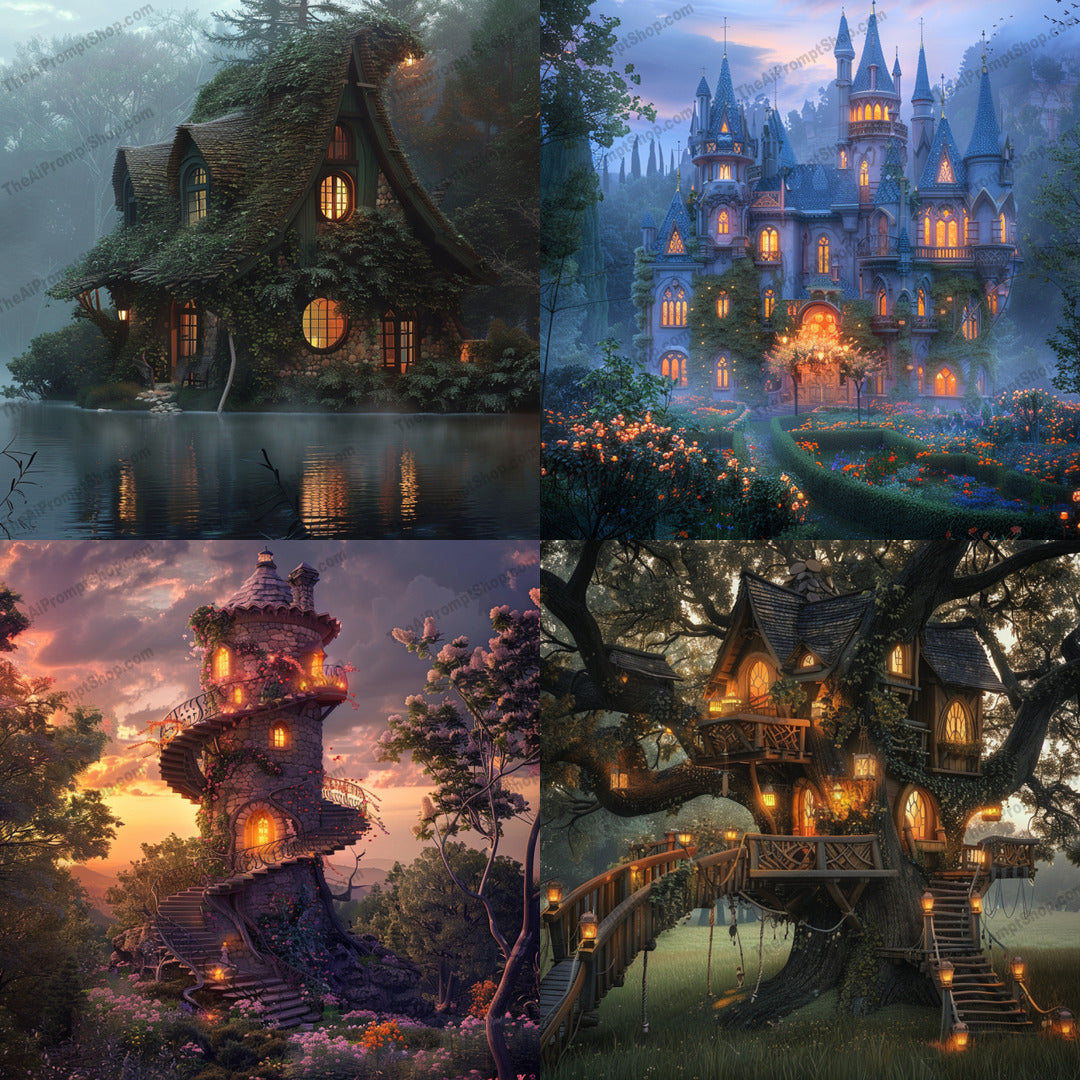 Enchanted forest retreat illustration in a magical style created from an AI image prompt.