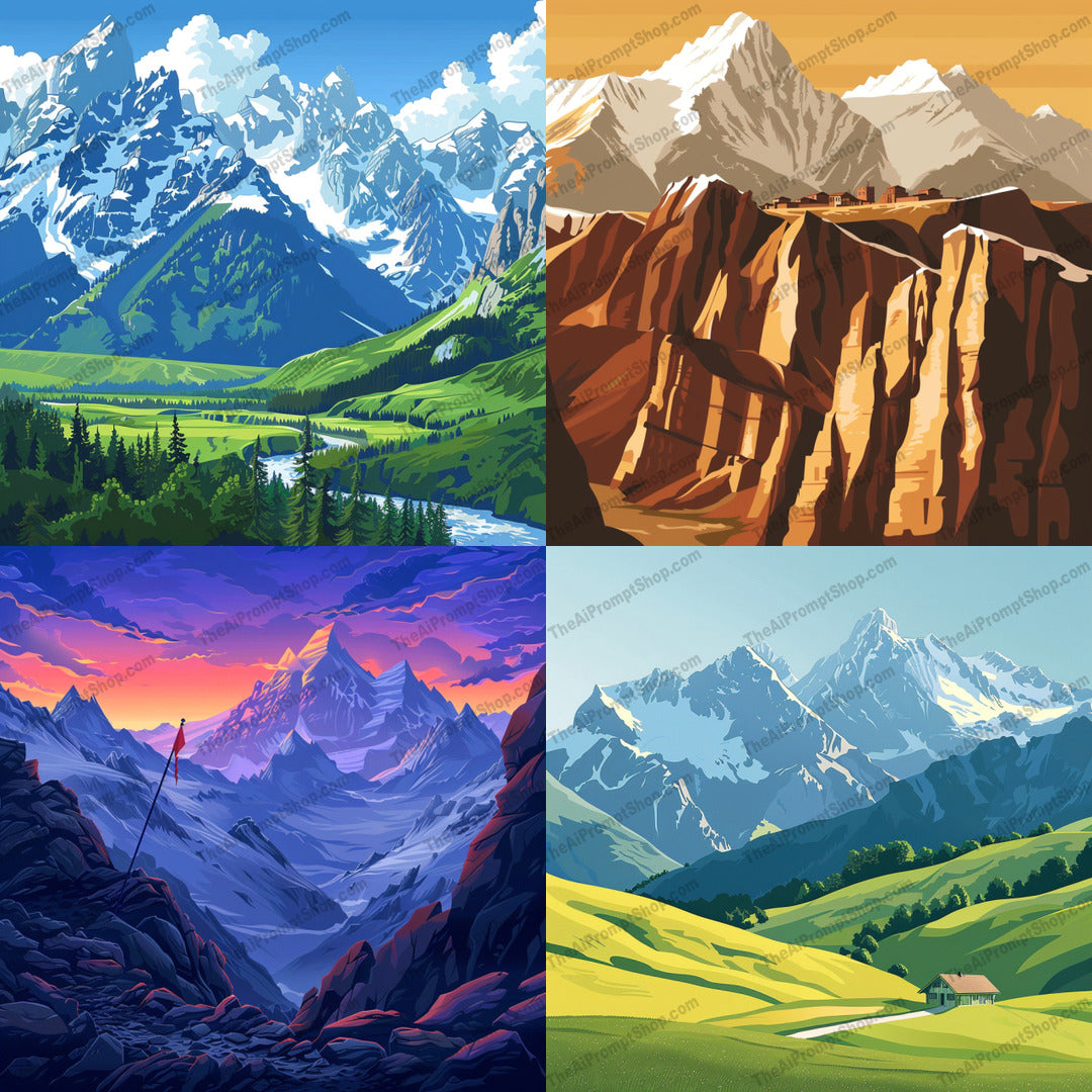 Scenic Mountain Views AI MidJourney Image Prompt, 8323adventure, Ai, Ai Image Prompt, art, colorful, day, forest, hiking, Image Prompt, landscape, Landscapes & Paintings, majestic, midjourney, morning, mountain, nature, outdoors, painting, peaks, Prompt, scenic, summit, sunset, valley, vibrant, wilderness
