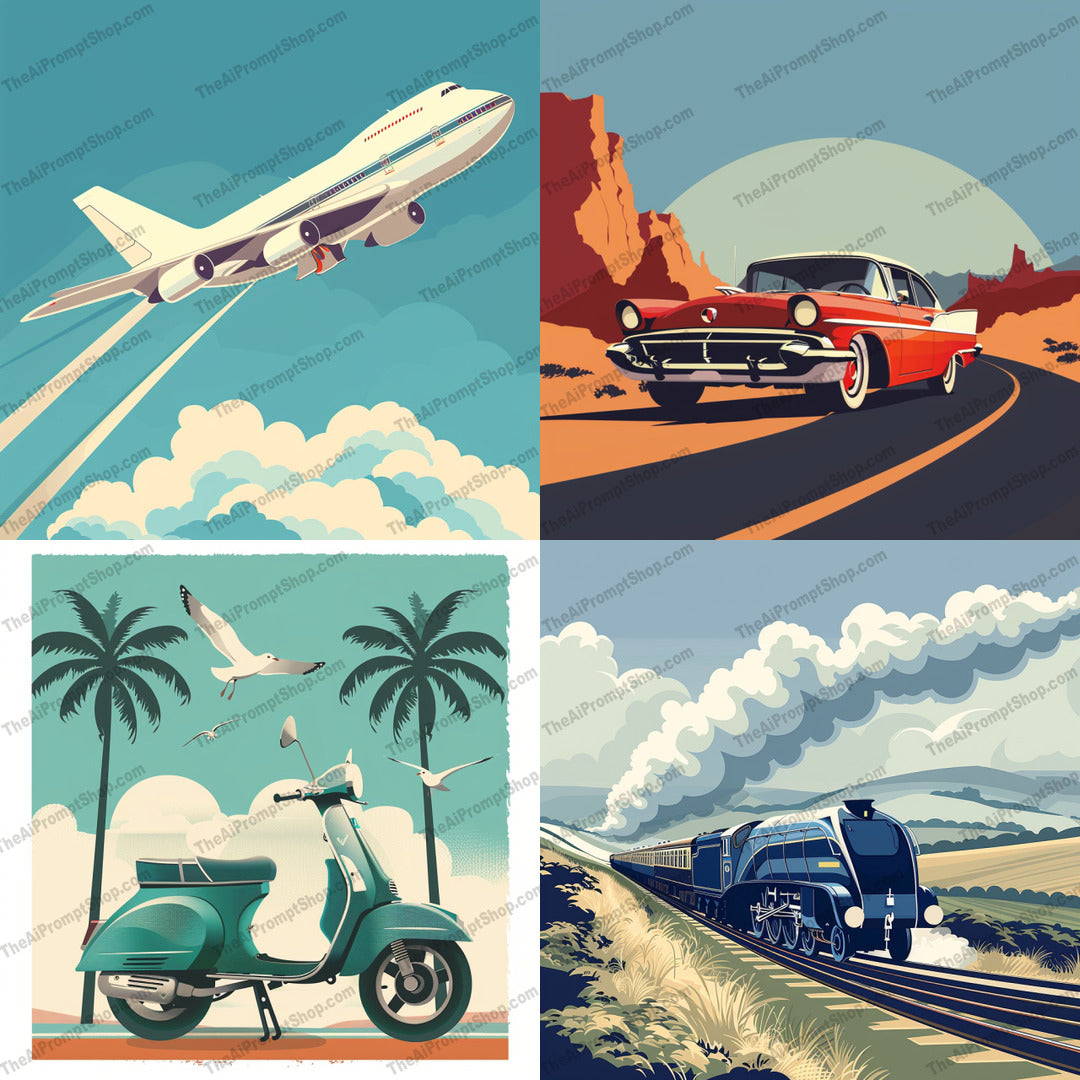 Vintage travel illustrations created from an AI image prompt.