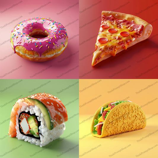 Vibrant Food Illustration AI MidJourney Image Prompt, 83273D, Ai, Ai Image Prompt, appetizing, artistic, culinary art, delicious, detailed, digital art, donut, eye-catching, food art, food illustration, graphic design, illustration, Image Prompt, Isometrics & Icons, midjourney, pizza, popular foods, Prompt, realistic, sushi, taco, vibrant colors, visual art
