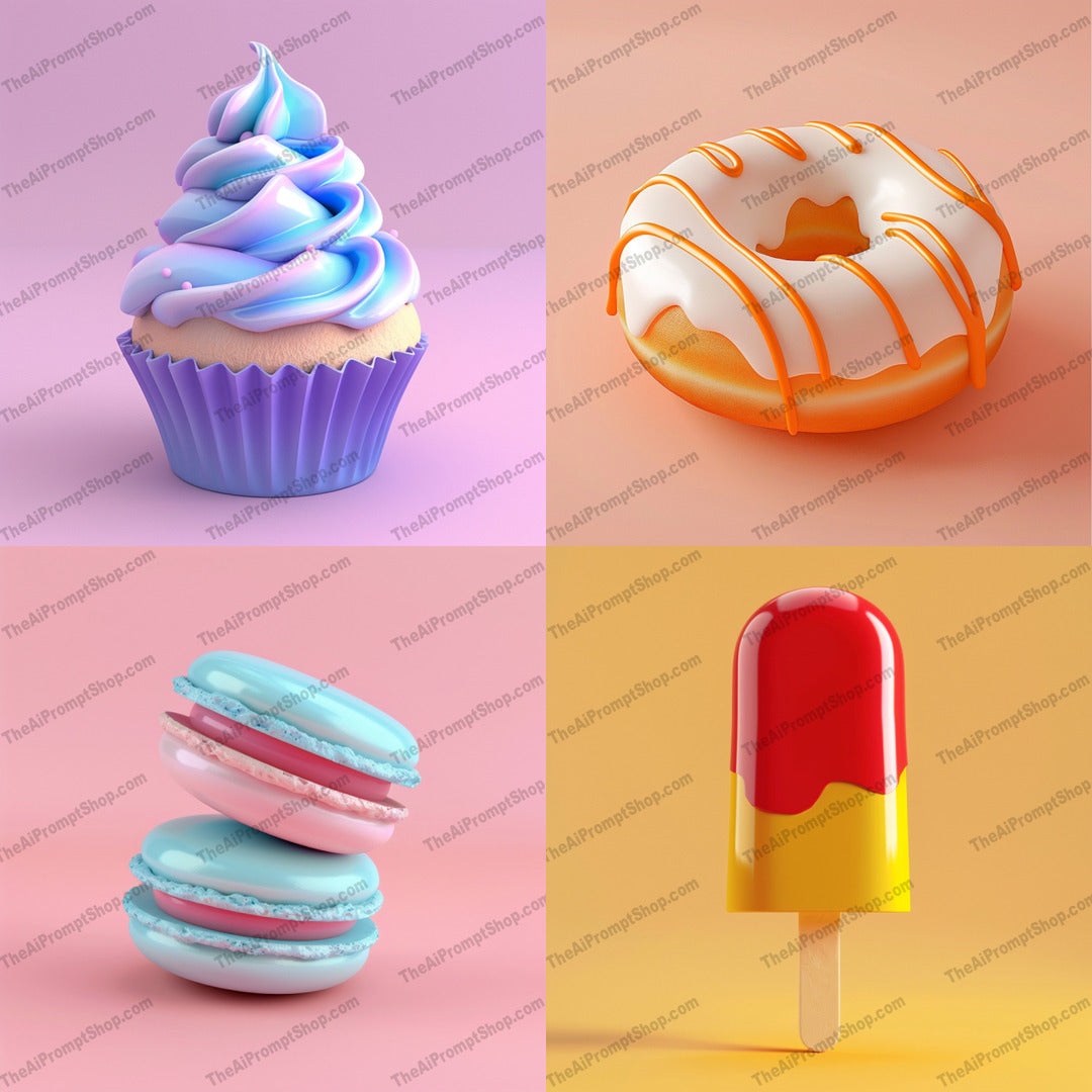 Pastel Dessert Artwork AI MidJourney Image Prompt, 83283D design, aesthetic, Ai, Ai Image Prompt, artwork, colorful, confectionery, creative, cupcake, dessert, digital art, donut, eye-catching, Food, food art, illustration, Image Prompt, macarons, midjourney, pastel, playful, popsicle, Prompt, sweets, vibrant, whimsical