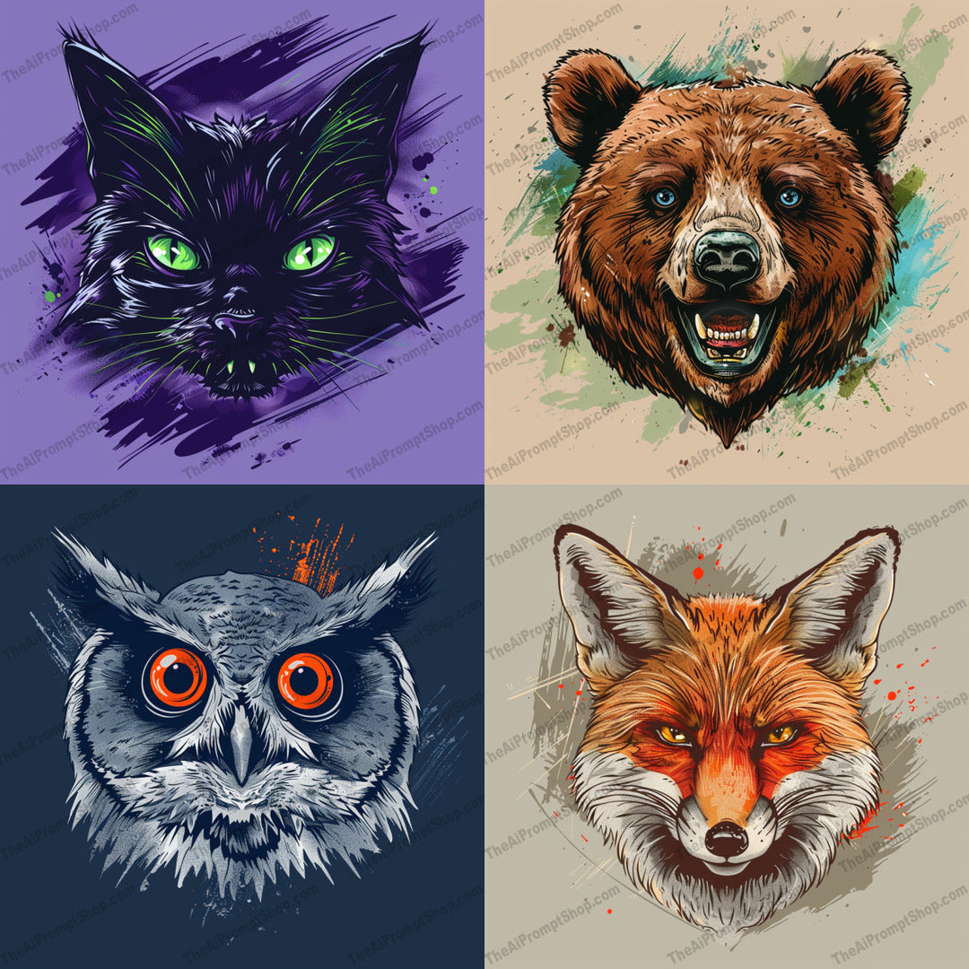 Vibrant animal portraits created from an AI image prompt.
