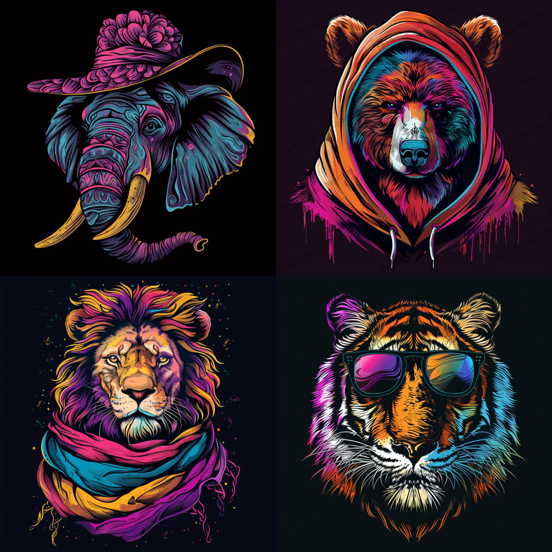 Vibrant animal portraits created from an AI image prompt.
