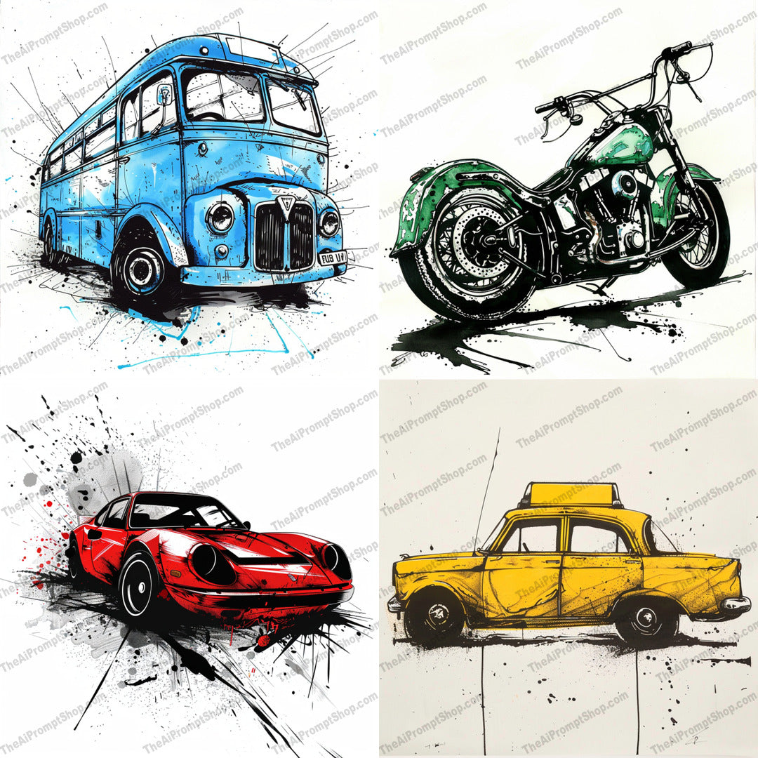 Vintage Vehicle Splash Art AI MidJourney Image Prompt, 8331Ai, Ai Image Prompt, art collectors, automotive art, automotive enthusiasts, bold colors, classic car, dynamic design, energetic art, eye-catching, illustration, Image Prompt, midjourney, Mockups - Products, modern twist, motorcycle art, pop art, Prompt, retro vehicle, splash art, sports car, street art, vehicle illustration, vibrant, vintage bus, vintage vehicle