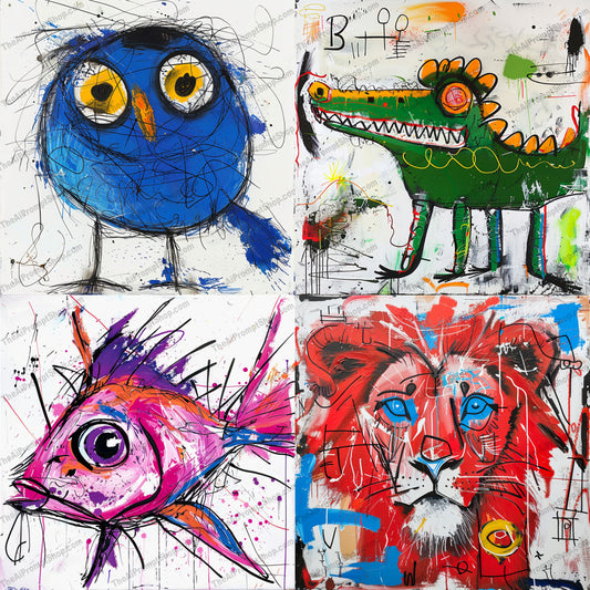 Vibrant Abstract Animal Artwork AI MidJourney Image Prompt, 8332abstract, Ai, Ai Image Prompt, animal, Animals, artwork, bold lines, colorful, creative, decorative, dynamic, expressionist, eye-catching, home decor, Image Prompt, imaginative, midjourney, modern art, original, painting, playful, Prompt, sophisticated, unique, vibrant, whimsical