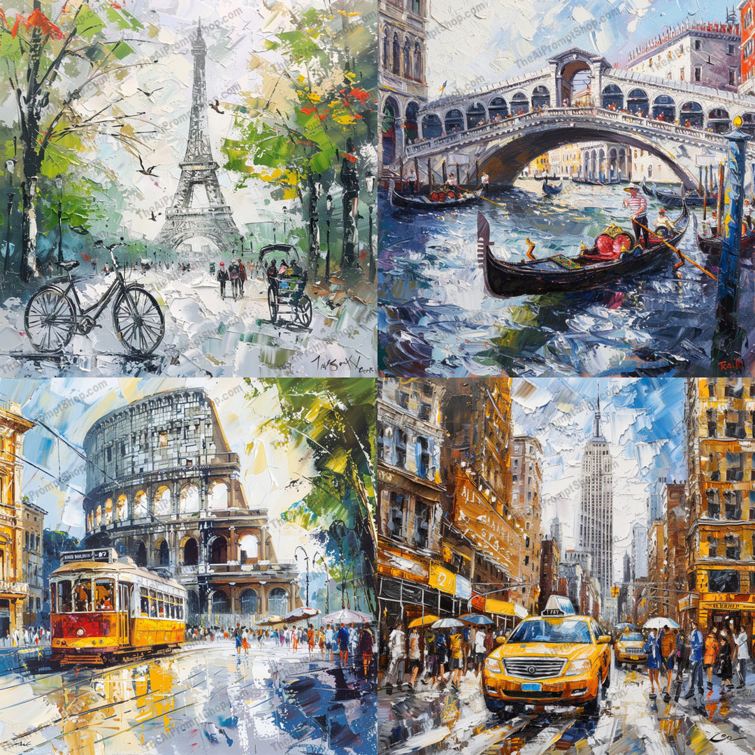 Vibrant Cityscapes AI MidJourney Image Prompt, 8336Ai, Ai Image Prompt, Architecture, Artwork, Cityscape, Colosseum, Contemporary, Dynamic Brushstrokes, Eiffel Tower, Expressionism, Gondola Ride, Iconic Landmarks, Image Prompt, Impressionism, Landscapes & Paintings, midjourney, Modern Art, Painting, Palette Knife, Prompt, Street Scene, Taxi, Tourist, Travel, Urban, Vibrant Colors