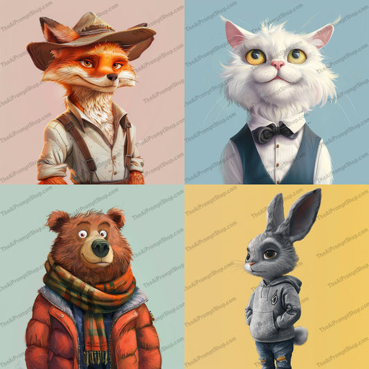 Stylish Anthropomorphic Portrait AI MidJourney Image Prompt, 8339Ai, Ai Image Prompt, animal art, Animals, anthropomorphic, art, bear, cartoon, cat, character design, creative, digital art, dressed up animals, fantasy, fashionable, fox, illustration, Image Prompt, midjourney, modern art, Prompt, rabbit, sophisticated, stylish, unique, whimsical