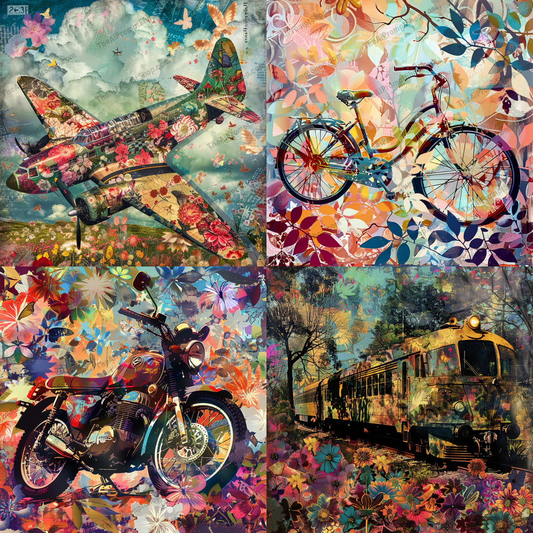 Vintage floral transportation illustration created from an AI image prompt.