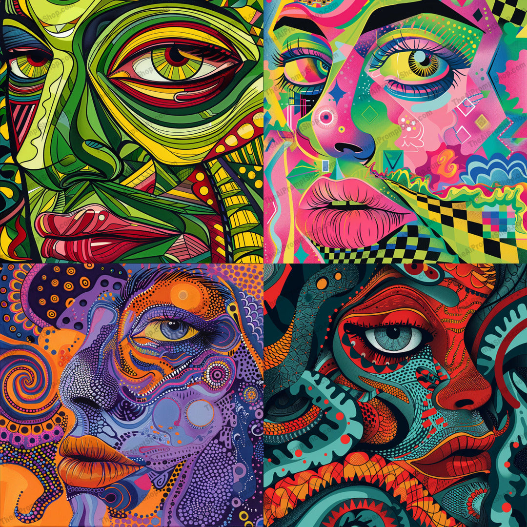 Vibrant Abstract Portrait AI MidJourney Image Prompt, 8342abstract, Ai, Ai Image Prompt, artistic, bold colors, colorful, contemporary, decorative, digital art, dynamic patterns, expression, eye-catching, face, Image Prompt, innovative, intense, intricate shapes, mesmerizing, midjourney, modern art, portrait, Portraits & People, Prompt, psychedelic, swirling colors, vibrant, whimsical