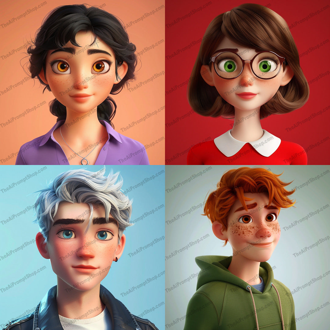 Stylized Character Portrait AI MidJourney Image Prompt, 8343Ai, Ai Image Prompt, animated, appealing, artwork, background, cartoon, character, colorful, contemporary, creative, design, detailed, digital, graphic, illustration, Image Prompt, midjourney, modern, portrait, Portraits & People, Prompt, stylized, trendy, vibrant, youthful