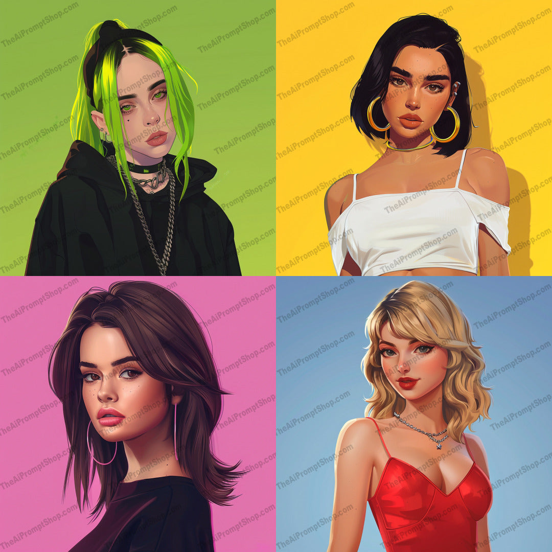 Stylized Portrait Art AI MidJourney Image Prompt, 8344aesthetics, Ai, Ai Image Prompt, art, artistic, bold backgrounds, colorful, contemporary, creative, digital art, dynamic, edgy, expressive, fashion, illustration, Image Prompt, midjourney, modern, portrait, Portraits & People, Prompt, stylized, trendy, unique fashion, vibrant, vibrant colors