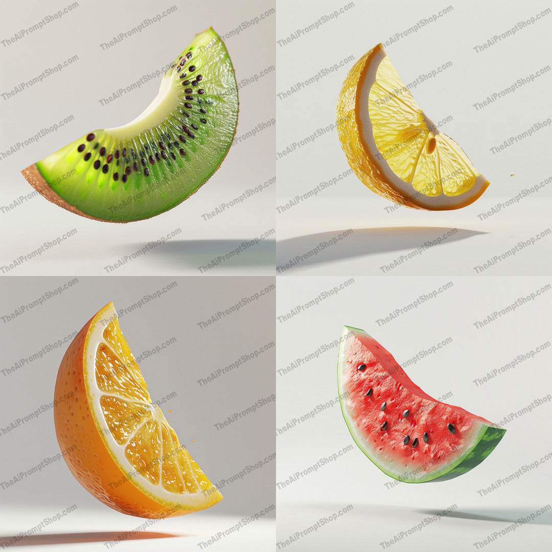 Floating Fruit Slices AI MidJourney Image Prompt, 8347Ai, Ai Image Prompt, artistic, bright colors, clean design, contemporary art, detailed illustration, floating fruit, Food, fresh produce, freshness, fruit slice, fruit texture, fruits, health-themed art, home decor, Image Prompt, kitchen decor, living room art, midjourney, minimalist background, modern art, Prompt, realistic fruit, vibrant, vivid colors
