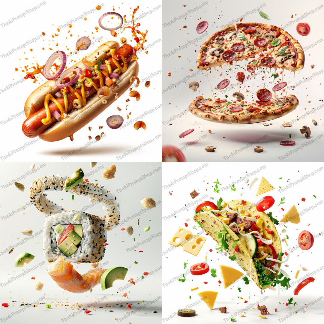Dynamic Food Explosion Art AI MidJourney Image Prompt, 8348abstract, Ai, Ai Image Prompt, artistic, creative, culinary, detailed, dynamic, energetic, explosion, eye-catching, flavor burst, Food, food art, gourmet, Image Prompt, ingredients, innovative, intricate, midjourney, modern, playful, Prompt, stylized, vibrant, visual feast