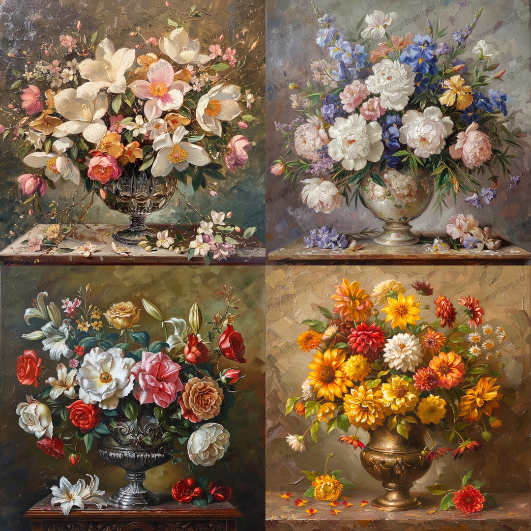 Exquisite Floral Still Life AI MidJourney Image Prompt, 8351Ai, Ai Image Prompt, art, art piece, beautiful, blossoms, botanical, classical, decor, detailed, elegant, floral, Florals, flowers, Image Prompt, intricate, midjourney, muted tones, nature, painting, Prompt, rich colors, still life, textured, vase, vibrant