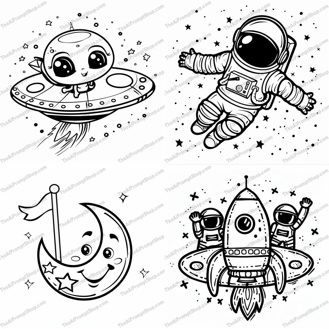 Cute Space Adventures AI MidJourney Image Prompt, 8352adventure, Ai, Ai Image Prompt, alien, Animation & Cartoons, astronaut, cartoon, character, children, comic, cute, exploration, fantasy, galaxy, illustration, Image Prompt, midjourney, moon, playful, Prompt, rocket, space, spacecraft, spaceship, stars, whimsical
