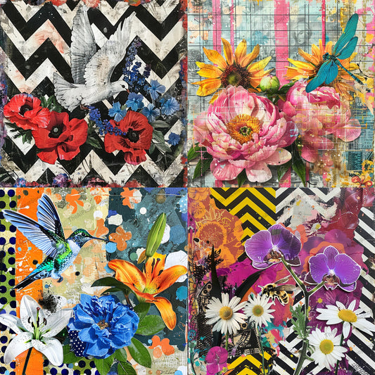 Vibrant Floral and Fauna Art AI MidJourney Image Prompt, 8353abstract background, Ai, Ai Image Prompt, Animals, artistic collage, bird art, bold patterns, bright colors, chevron pattern, colorful artwork, contemporary art, creative designs, decorative art, fauna art, floral art, flower painting, Image Prompt, insect art, midjourney, mixed media art, modern art, nature art, nature-inspired, Prompt, unique art, vibrant art