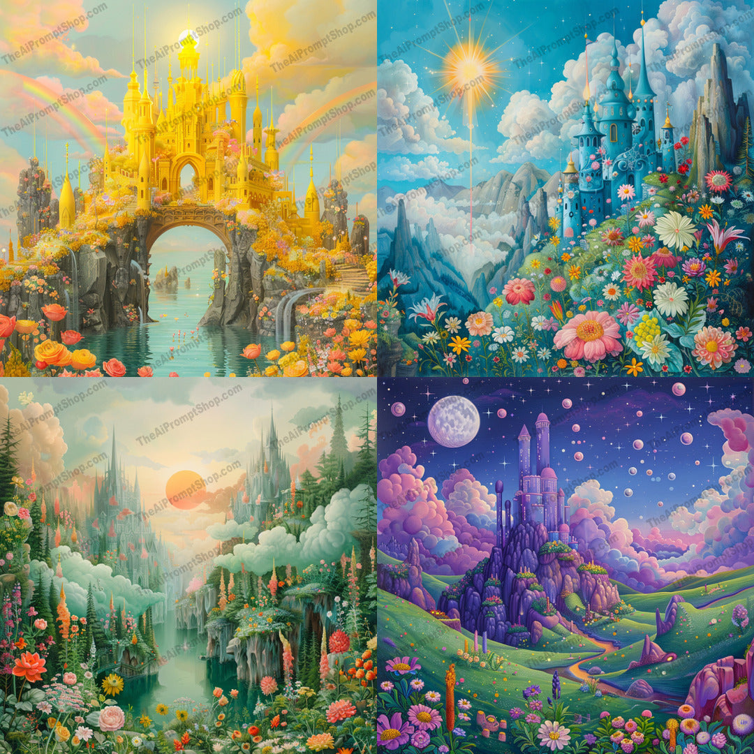 Fantasy floral castle illustration in a storybook style created from an AI image prompt.