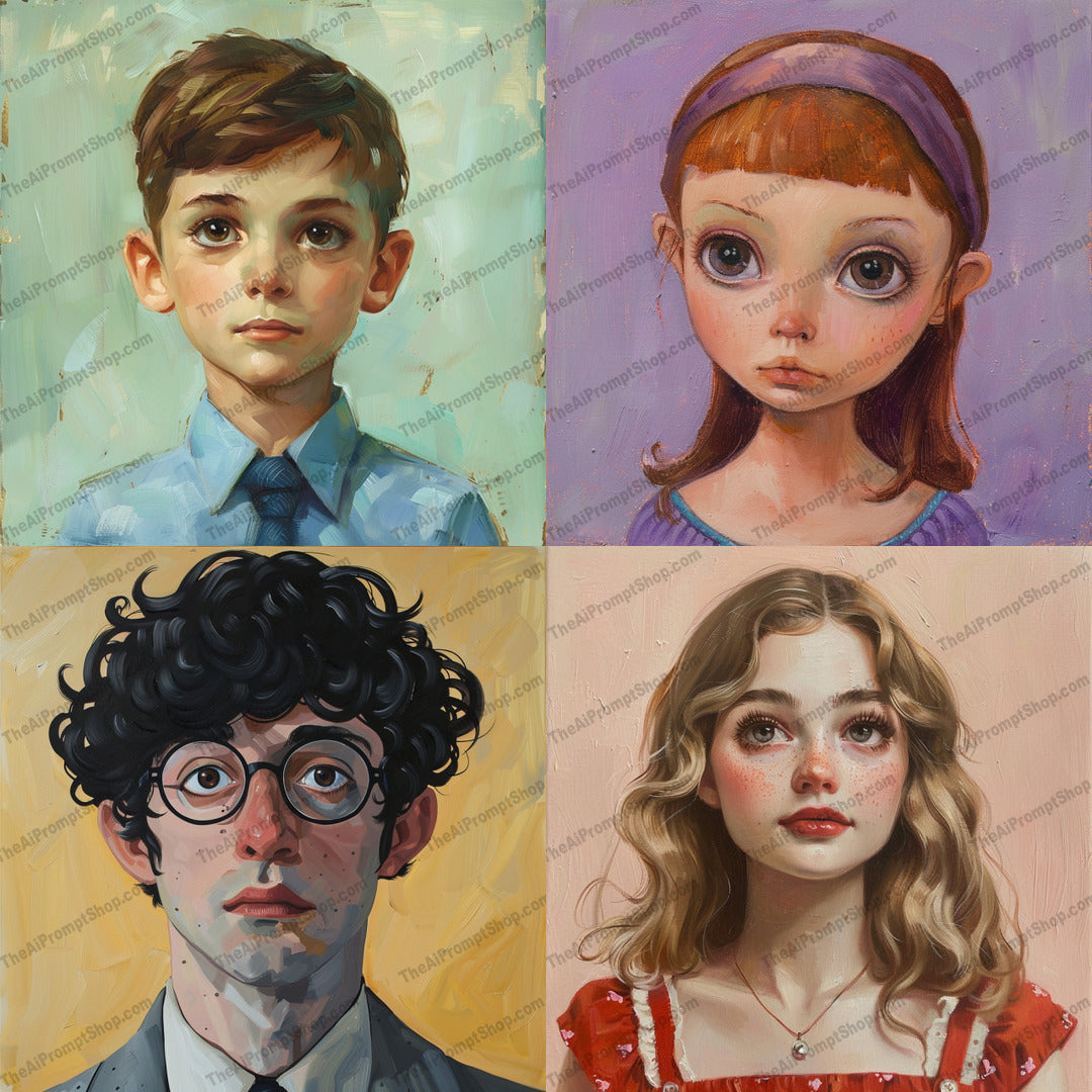 Portrait Style Collage AI MidJourney Image Prompt, 8365aesthetic, Ai, Ai Image Prompt, Animation & Cartoons, art, brushstrokes, captivating, classical, decor, decorative, detailed, elegant, formal attire, Image Prompt, midjourney, painting, portrait, Prompt, realistic, sophisticated, timeless, traditional, unique, vintage, vivid colors, wall art