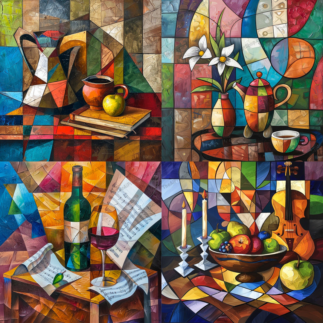 Colorful Geometric Still Lifes AI MidJourney Image Prompt, 8366abstract shapes, Ai, Ai Image Prompt, artistic, bold colors, colorful, contemporary, creative, decorative, dynamic, energetic, eye-catching, geometric, Image Prompt, intricate patterns, Landscapes & Paintings, midjourney, modern art, mosaic, multi-colored, Prompt, puzzle, still life, trendy, unique, vibrant