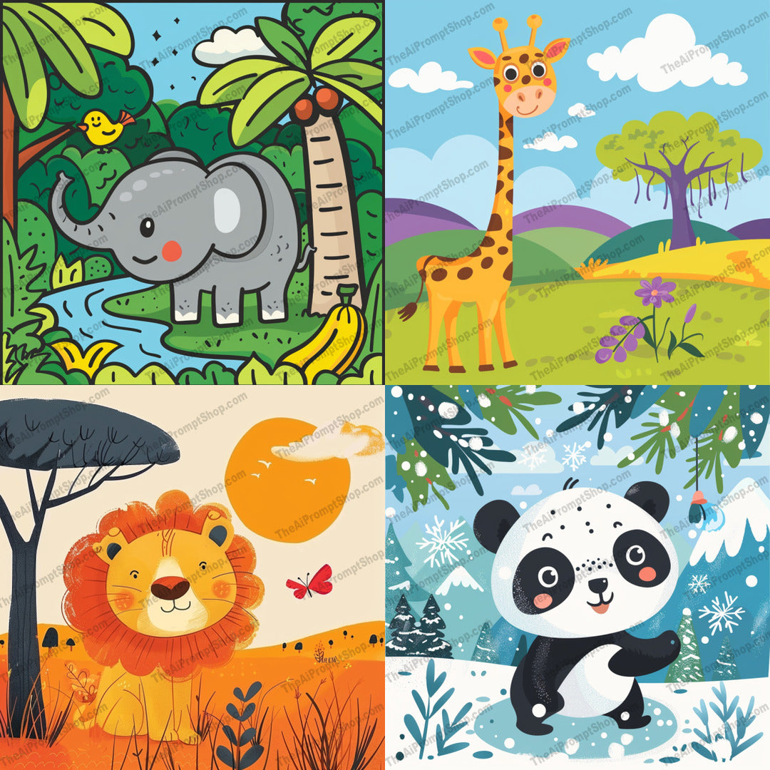 Cute Animal Illustrations AI MidJourney Image Prompt, 8369Ai, Ai Image Prompt, animal, Animals, art, cartoon, children, colorful, cute, decor, drawing, elephant, forest, friendly, giraffe, illustration, Image Prompt, jungle, lion, midjourney, nursery, panda, playful, Prompt, safari, wildlife