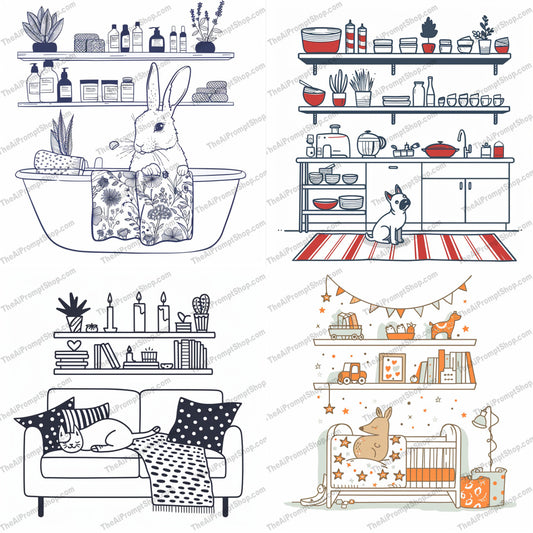 Illustrated Cozy Home Scenes AI MidJourney Image Prompt, 8370Ai, Ai Image Prompt, Animals, bathtub, cats, cozy, decor, detailed, home, illustrated, Image Prompt, interior, intricate, inviting, kitchen, line art, midjourney, nursery, plants, Prompt, rabbits, scenes, shelves, sofa, soft colors, whimsical