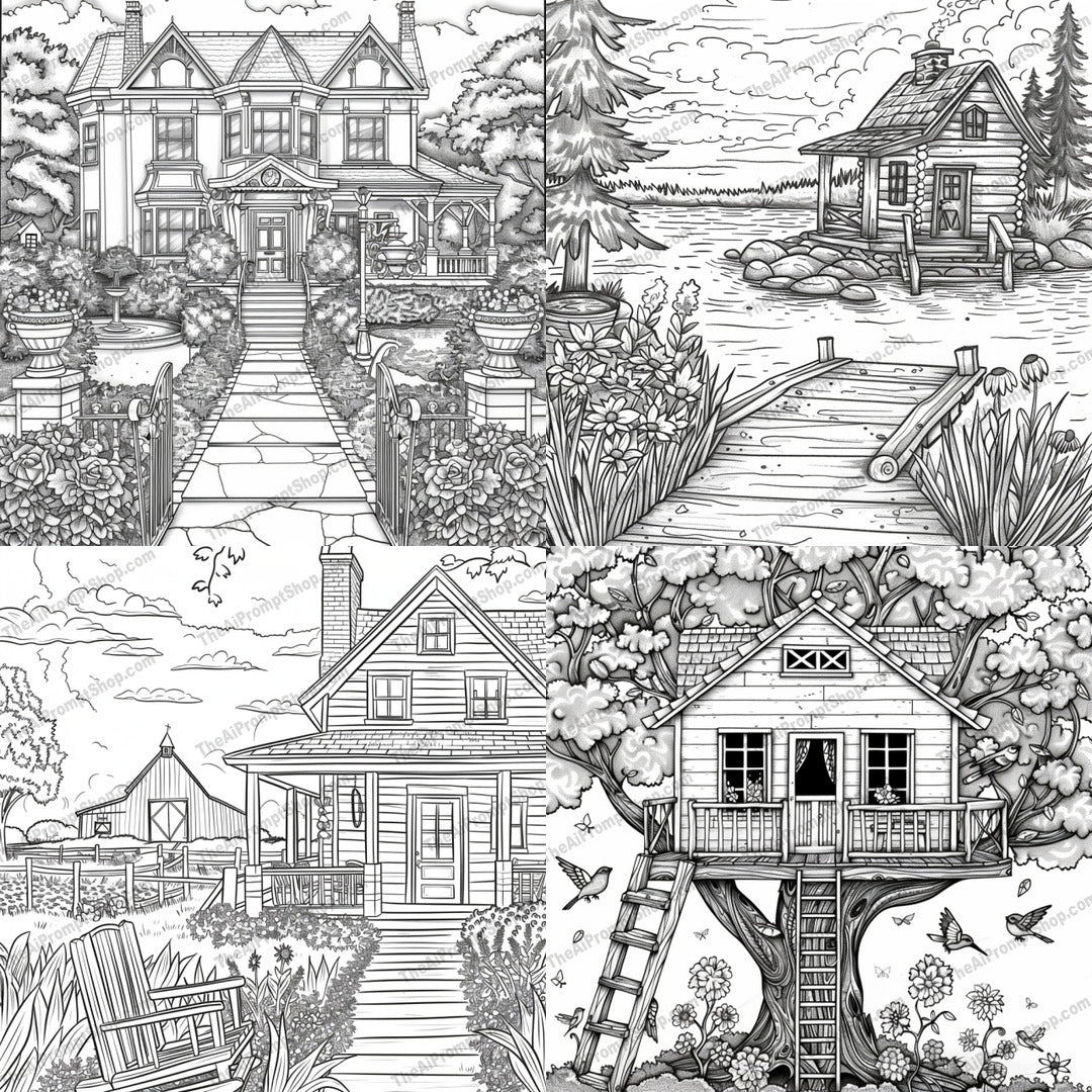 Quaint Homes and Nature Scenes AI MidJourney Image Prompt, 8371Ai, Ai Image Prompt, artist illustration, black and white, cabin, country house, cozy houses, detailed drawing, garden, illustration, Image Prompt, ink drawing, landscape, Landscapes & Paintings, midjourney, nature, nature retreat, outdoor, peaceful, Prompt, quaint homes, scenic, serene settings, treehouse, vintage, waterfront