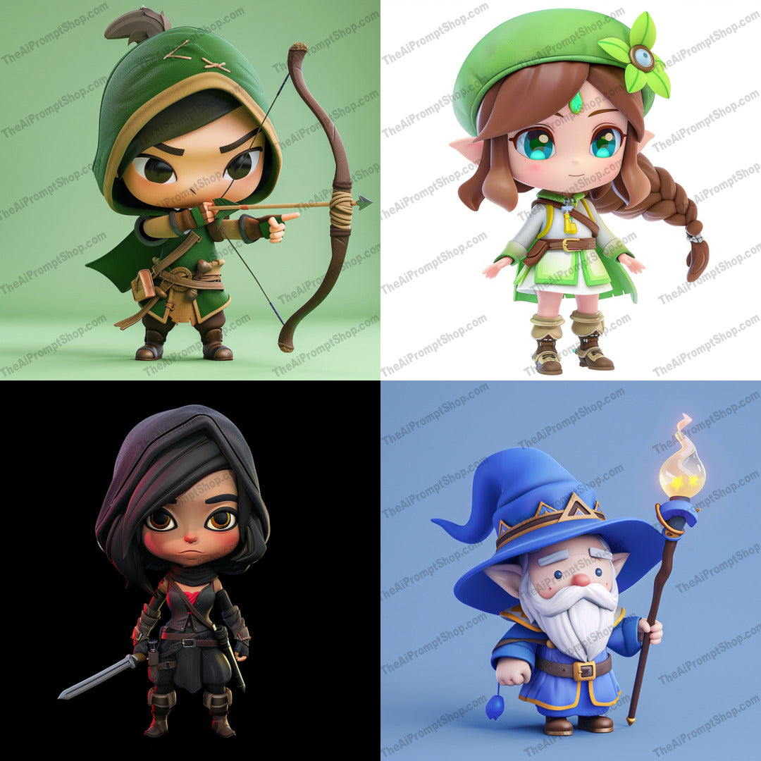 Fantasy themed chibi characters illustration in a magical style created from an AI image prompt.