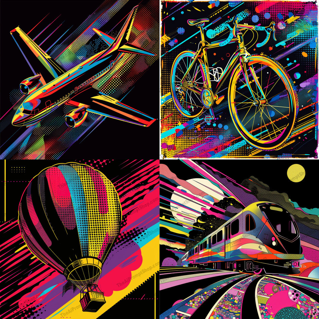 Colorful Neon Transportation Art AI MidJourney Image Prompt, 8378abstract, Ai, Ai Image Prompt, airplane, artistic, bicycle, bold colors, colorful, contemporary, creative, dynamic, graphic design, hot air balloon, illustration, Image Prompt, midjourney, modern art, neon, Patterns & Wallpapers, pop art, Prompt, retro, train, transportation, vibrant, visuals