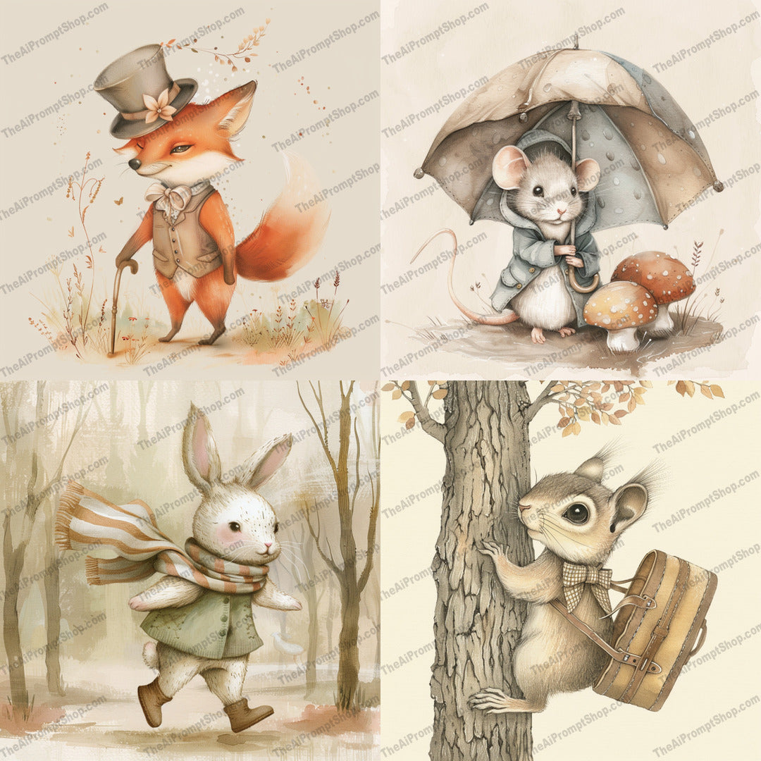 Woodland Animal Gentlemen AI MidJourney Image Prompt, 8379Ai, Ai Image Prompt, Animals, anthropomorphic, backpack, charming, cute, enchanted, fox, gentlemen, illustration, Image Prompt, midjourney, mouse, nature, Prompt, rabbit, scarf, squirrel, storybook, top hat, umbrella, vintage, whimsical, woodland