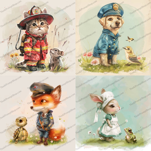 Whimsical Animal Workers AI MidJourney Image Prompt, 8380adorable, Ai, Ai Image Prompt, animal friends, Animals, art, charming, children's illustration, cute animals, decor, endearing expressions, fantasy art, farmer rabbit, firefighter cat, illustration, Image Prompt, mechanic fox, midjourney, nature, police dog, Prompt, small animals, storybook style, whimsical, work uniforms