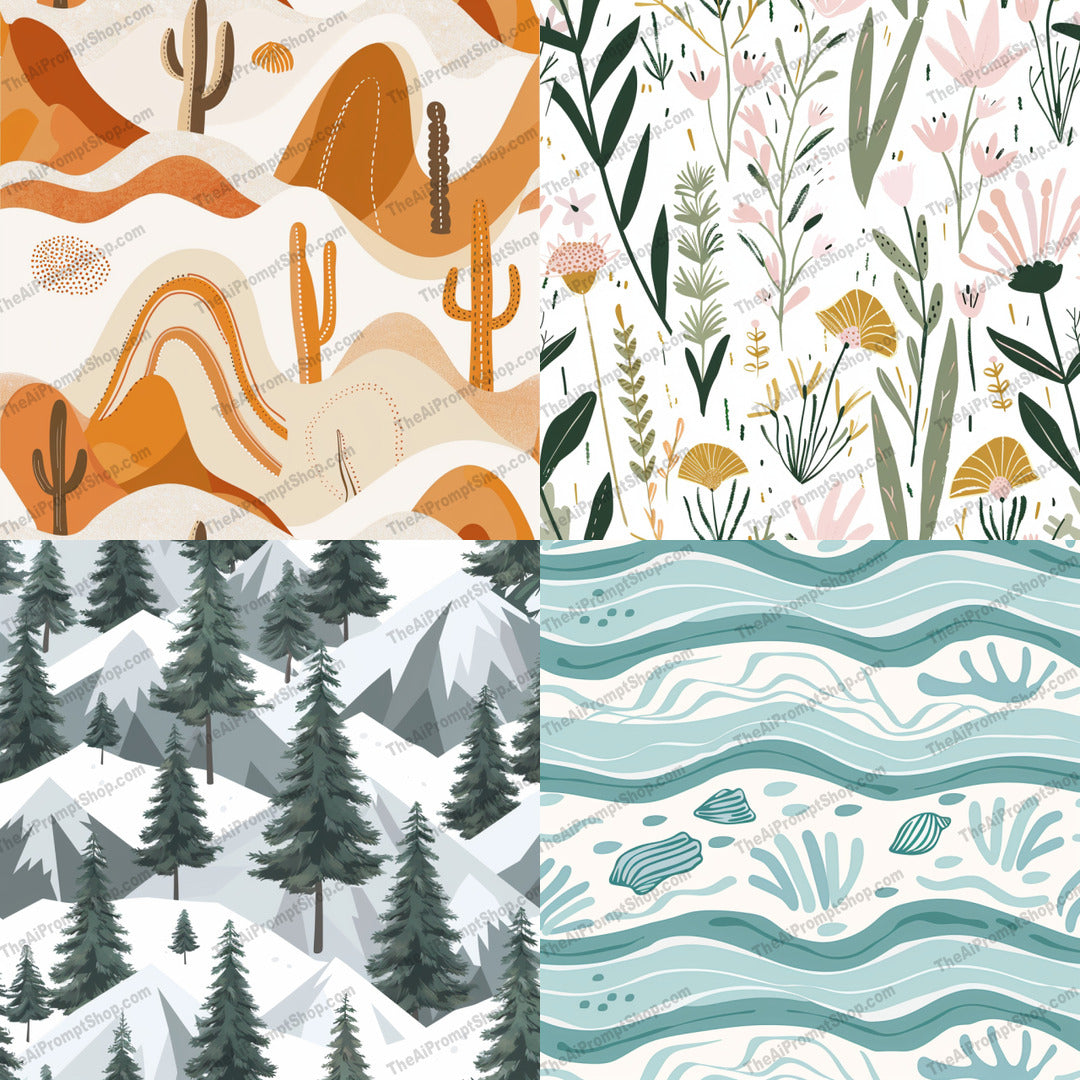 Scenic Nature Patterns AI MidJourney Image Prompt, 8384Ai, Ai Image Prompt, art, calm, decor, desert, design, flora, forest, illustration, Image Prompt, landscape, Landscapes & Paintings, midjourney, minimalist, modern, mountains, nature, ocean, pastel, patterns, Prompt, scenic, serene, soft colors, wall art, waves