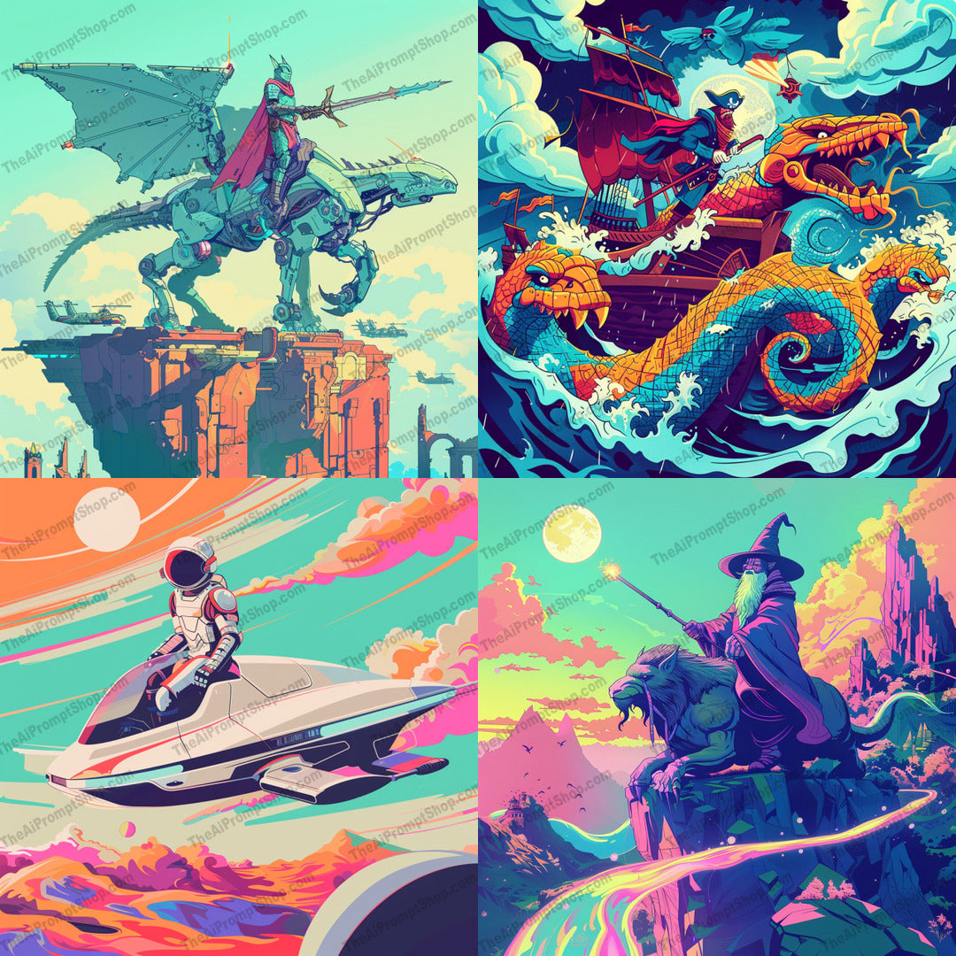 Illustrative Fantasy and Sci-Fi Artwork AI MidJourney Image Prompt, 8385adventure, Ai, Ai Image Prompt, astronaut, colorful, creative, digital art, dragon, Fantasy, futuristic, illustration, Image Prompt, imaginative, knight, magic, midjourney, mythical, Prompt, retro, robotic creature, sci-fi, sea serpent, spaceship, vibrant, whimsical, wizard