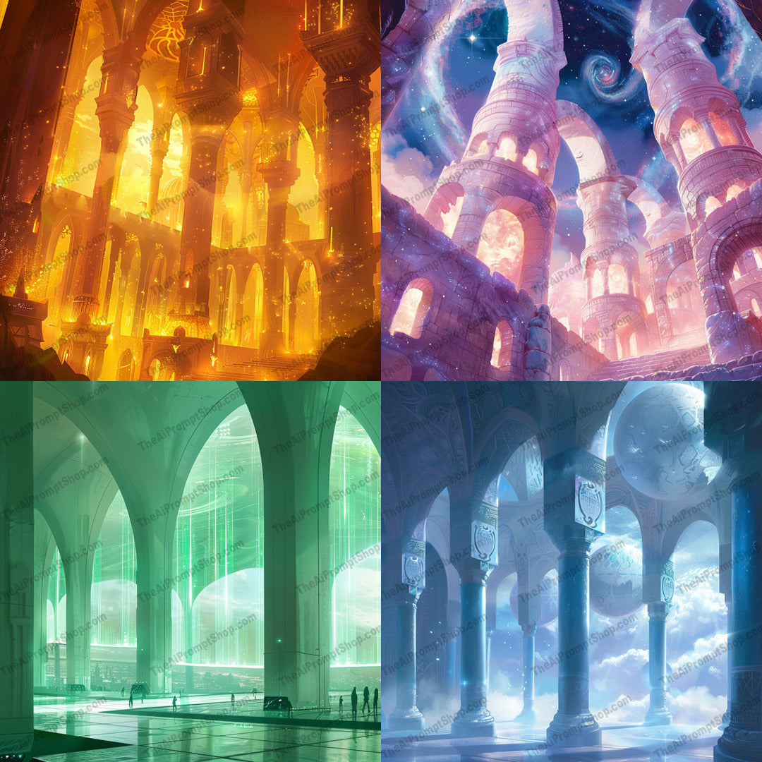 Ethereal architectural fantasy illustration created from an AI image prompt.